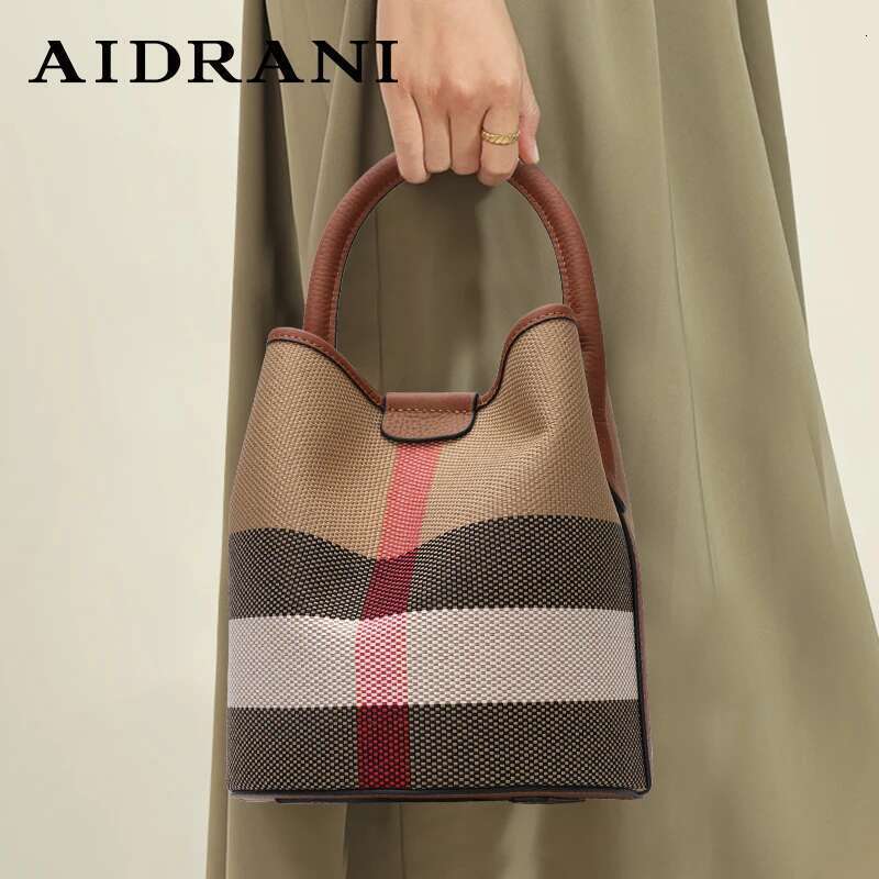 Aidrani Women's Plaid Handbag, Made Of Canvas Cowhide Material, With Caramel Colored Large Capacity And A Small Bag Inside