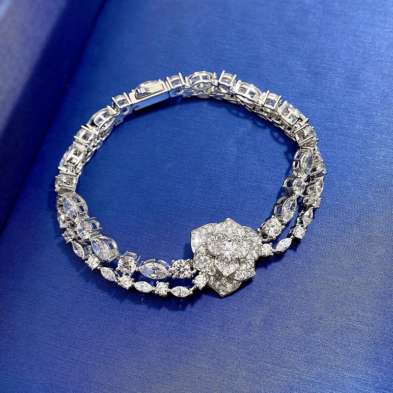 New S925 Silver Full Diamond Inlay Camellia Flower Bracelet, Elegant Luxury Jewelry for Women, Ideal Gift for Special Occasions