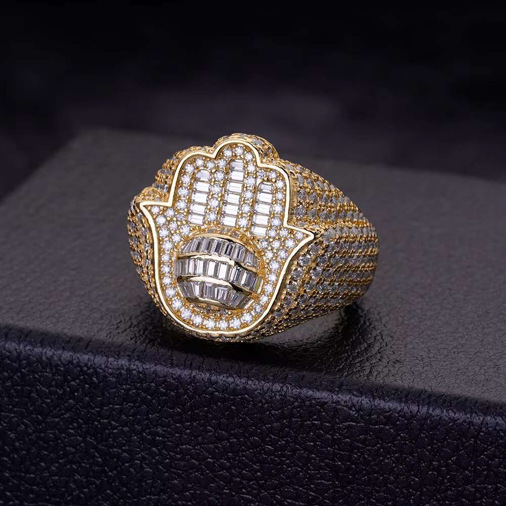 Hip Hop Bling Iced Out Zirconia Popular Custom 925 Plata Vintage 14K Baguette Iced Out Hamsa Hand Fatima Ring