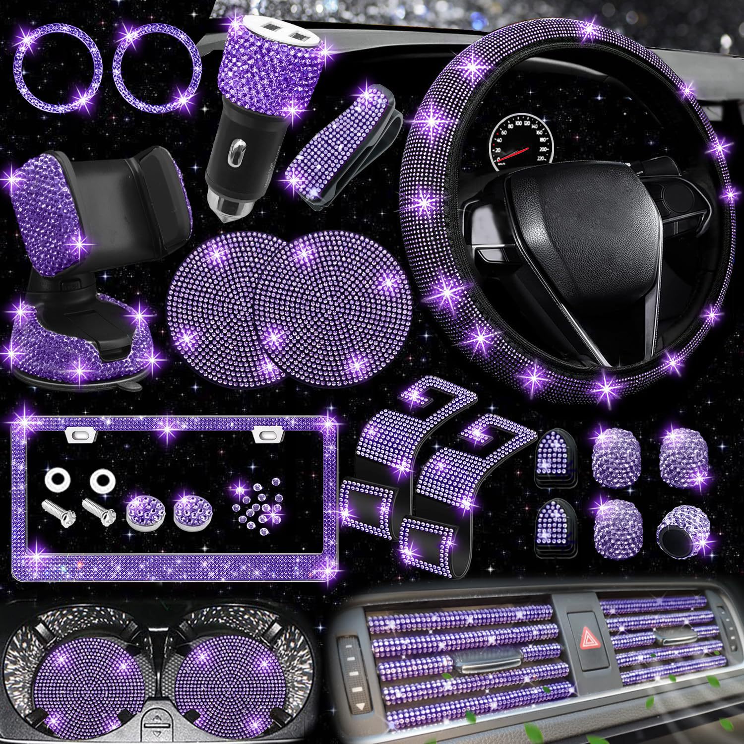 New Diamond Blingbling 27PCS/Set Car Interior Decor Accessories Set For Women Steering Wheel Cover License Plate Frame Car Vent Decor Phone Holder Hoo