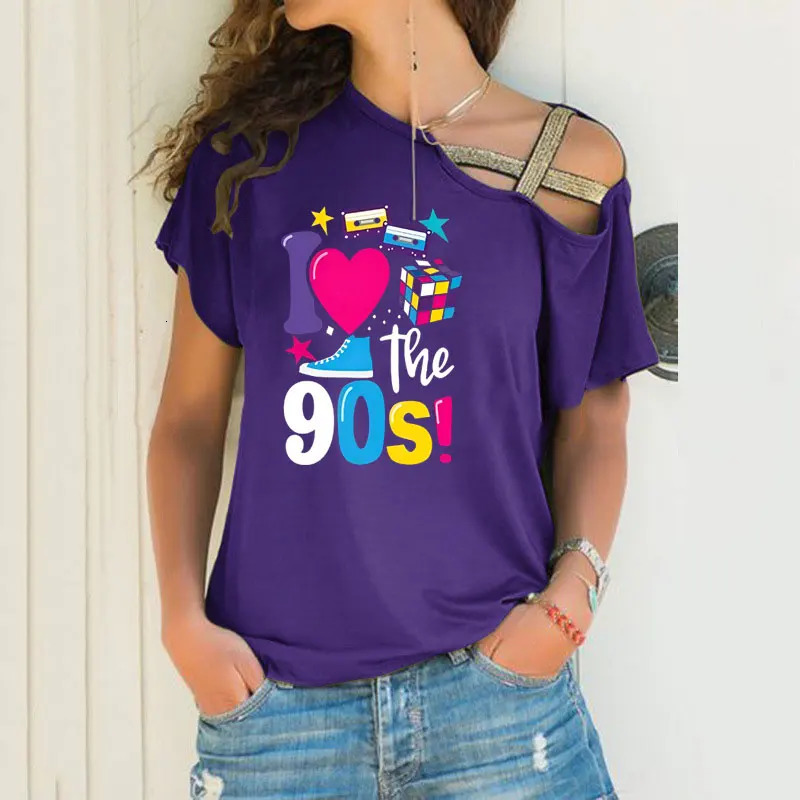 Fashion Womens t shirt Sexy Off Shoulder Short Sleeve 90s Retro Feeling Graphics Prin Irregular Skew Cross Bandage Tops Tees 250517