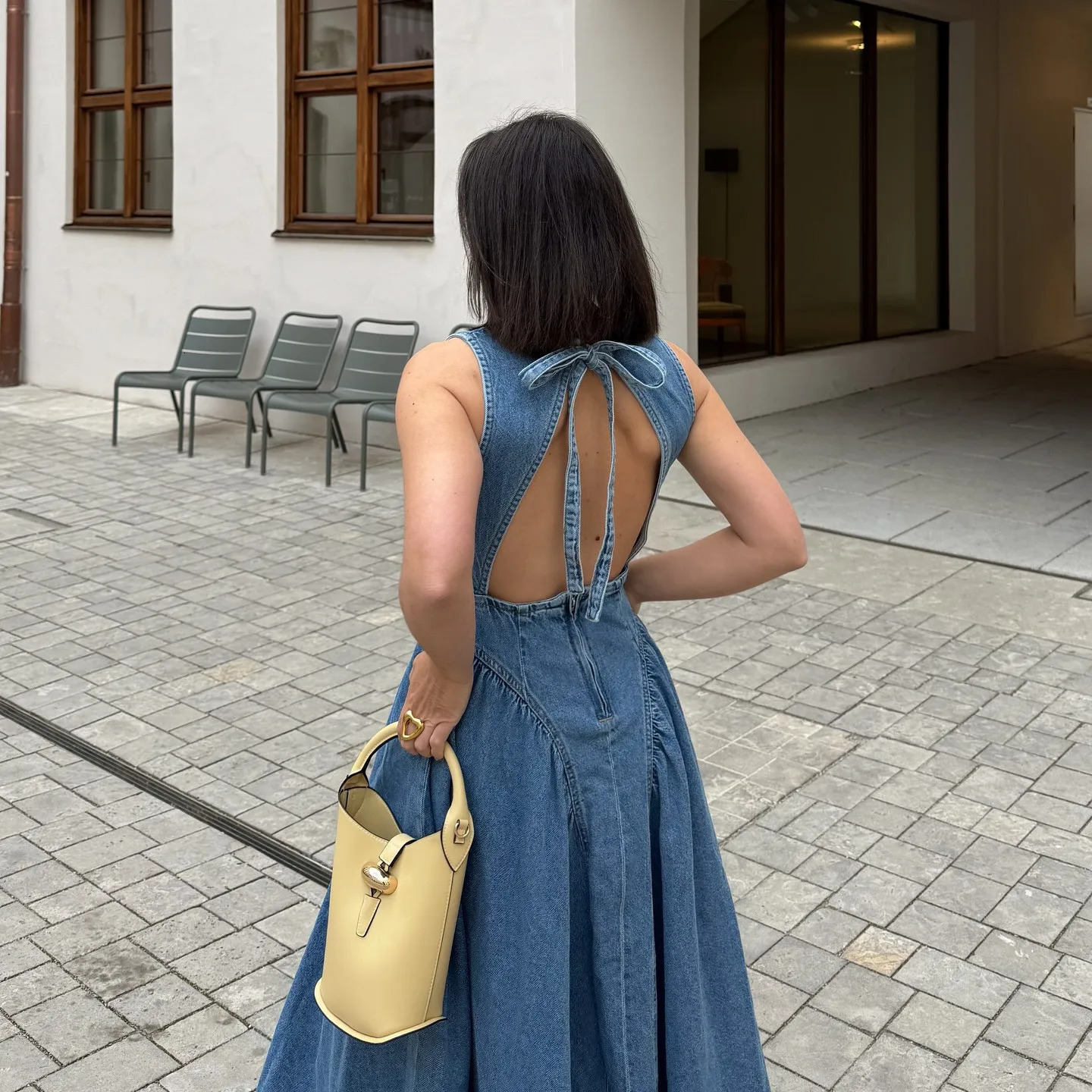 PB ZA back hollow quality simple loose hem denim skirt Aline dress long summer womens clothing 250520