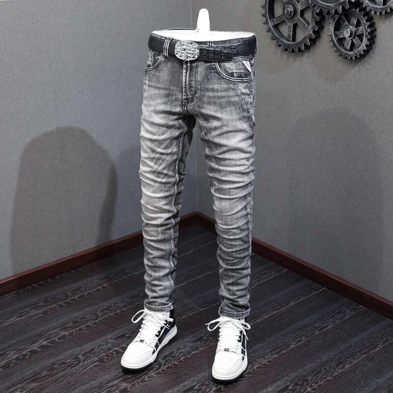 Newly Designer Fashion High Quality Retro Dark Gray Elastic Slim Fit Ripped Jeans Men Vintage Casual Denim Pants Homme