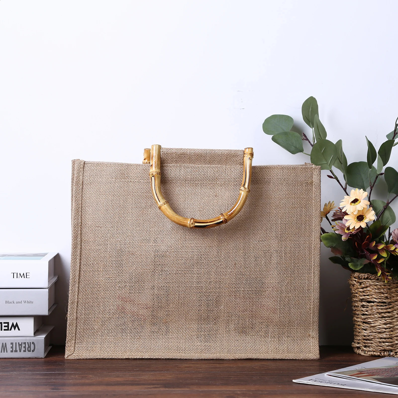 Eco Friendly Tote Bag Portable Burlap Jute Shopping Bag Handbag Bamboo Loop Handles Tote Retro Women Shopping Shoulder Bag 250516