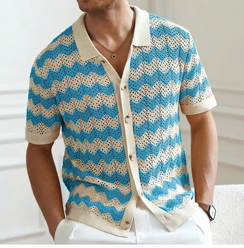 Summer Fashion Mens Knitting Shirts Vintage American Hollow Jacquard Corrugated Knit Cardigan Tops Men Buttoned Lapel Shirt 250520