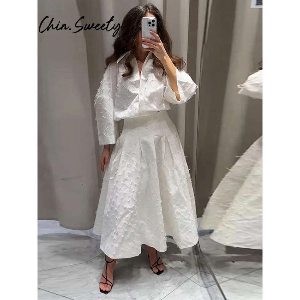 Urban Shirt Skirt Set Women Casual Lapel Sleeve T-Shirt High Waist Pleated Long Skirts 2025 Summer Street Lady Sets
