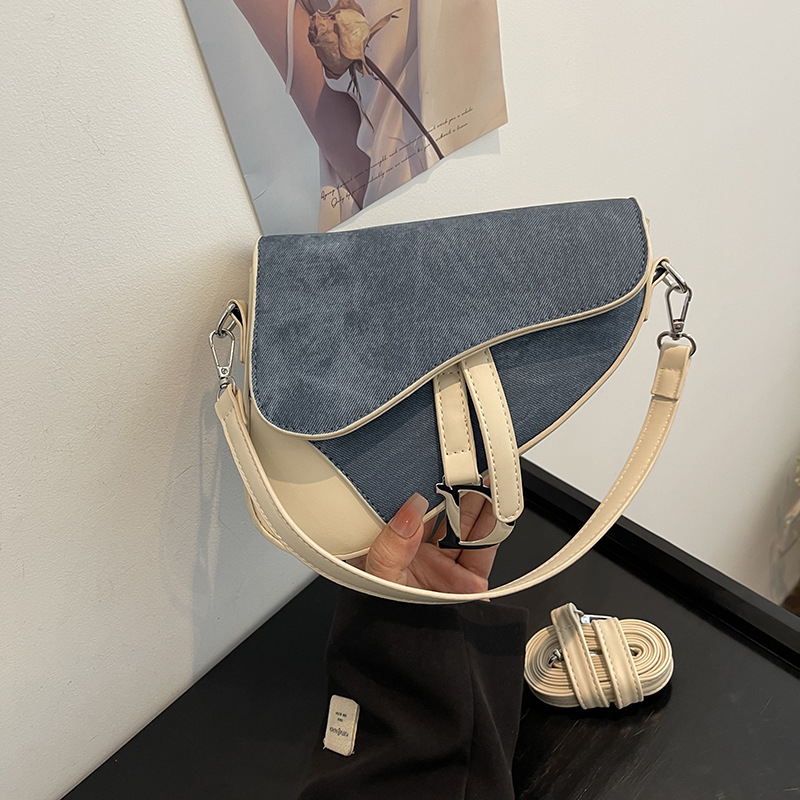 Free Shipping Designer Bag 2025 Denim Pattern Saddle Bag - Color-Block Patchwork Crossbody Purse for Women, Fashionable Shoulder Bag