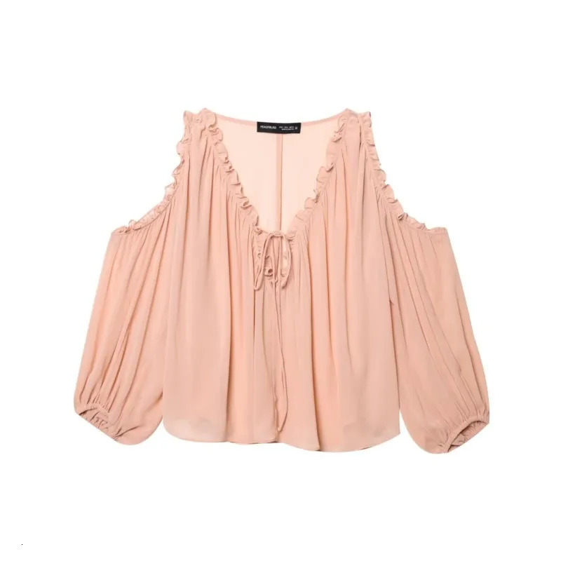TRAF Womens Off Shoulder Chiffon Summer V NeckTop Casual Loose Tierred Blouse Female Shirts Blouses 250520