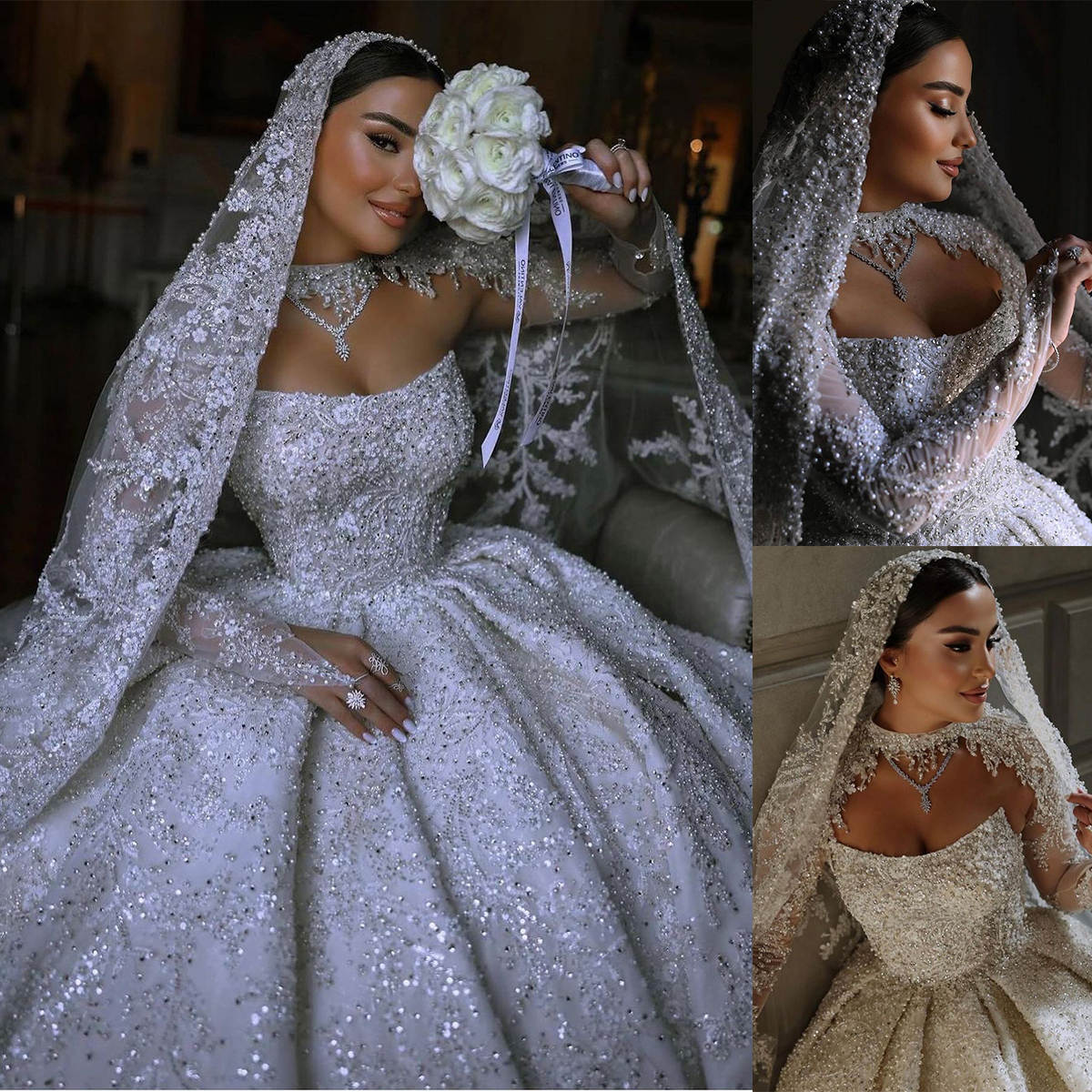 Crystals Luxury Ball Gown Wedding Dresses With Sparkling Sequins Full Beaded Pearls Arabic Dubai Bridal Gowns Special Occasion Vestidos De Novia Custo