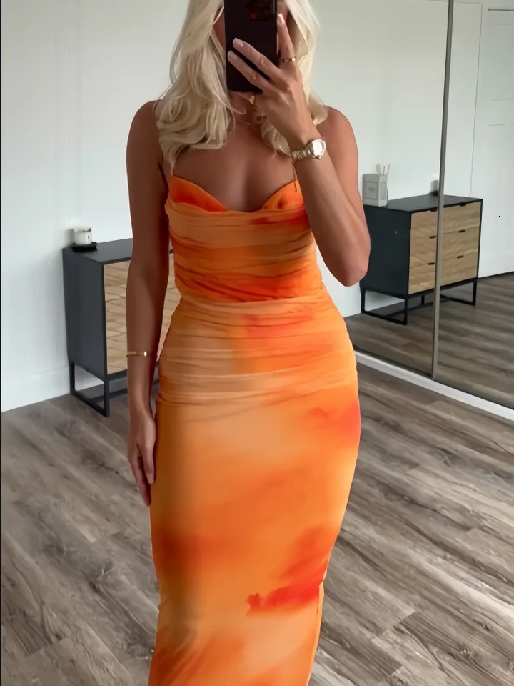 PB ZA Spring Womens Fashionable and Stylish Style Slim Fit Folded Printed Silk Mesh Sling Dress 250520