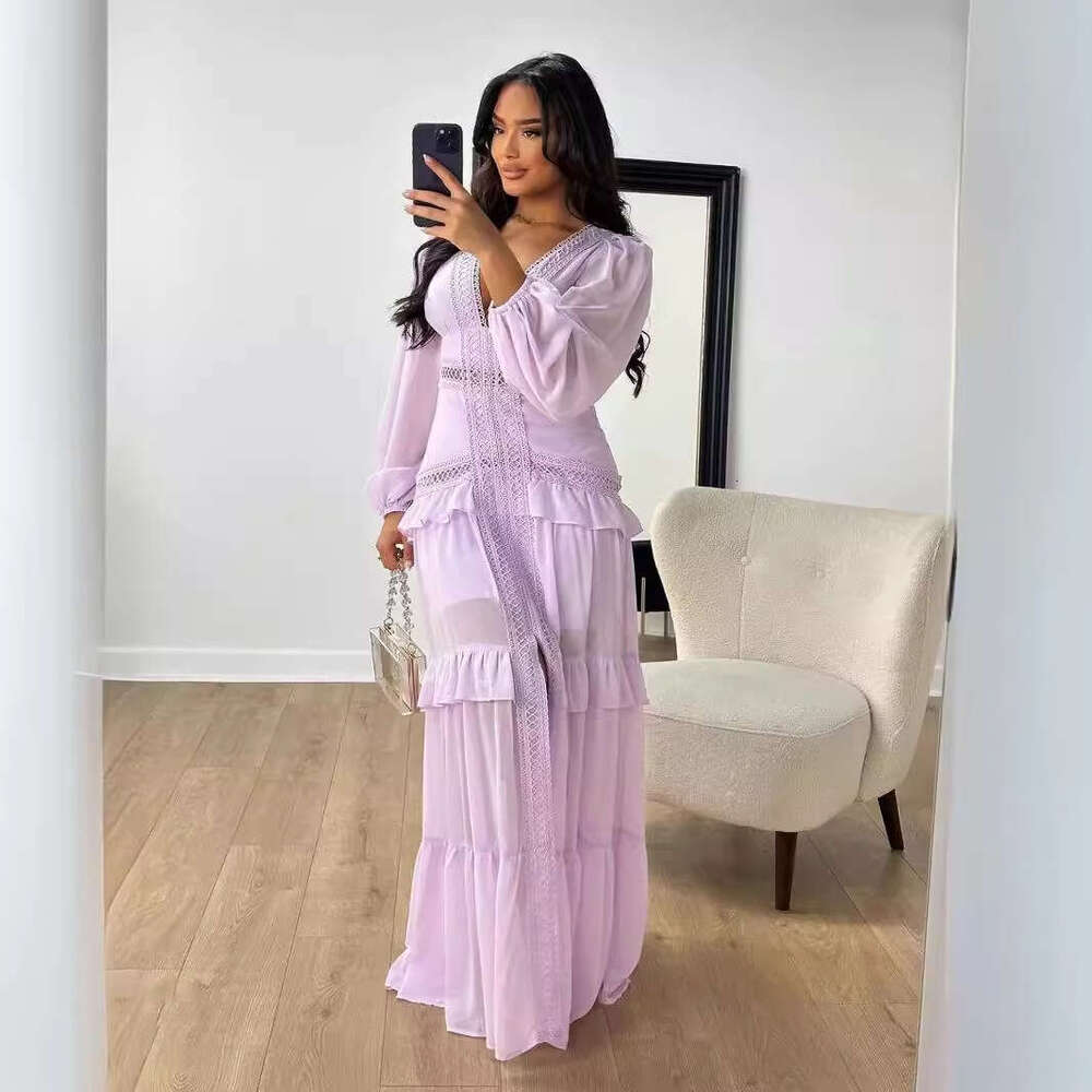 European American autumn winter temperament splicing sleeved V-neck dress women's long skirt 2025 new style chic and elegant clothing