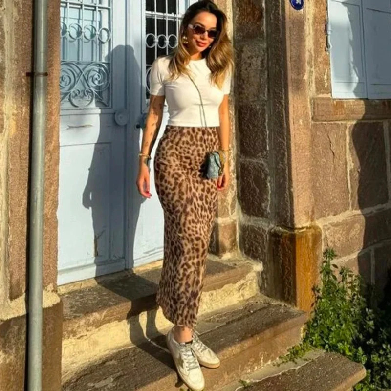 TRAF Leopard Long Skirts Womens Spring Summer Autumn Elegant Party Printed Ladies Fashion Casual Office Midi 250520
