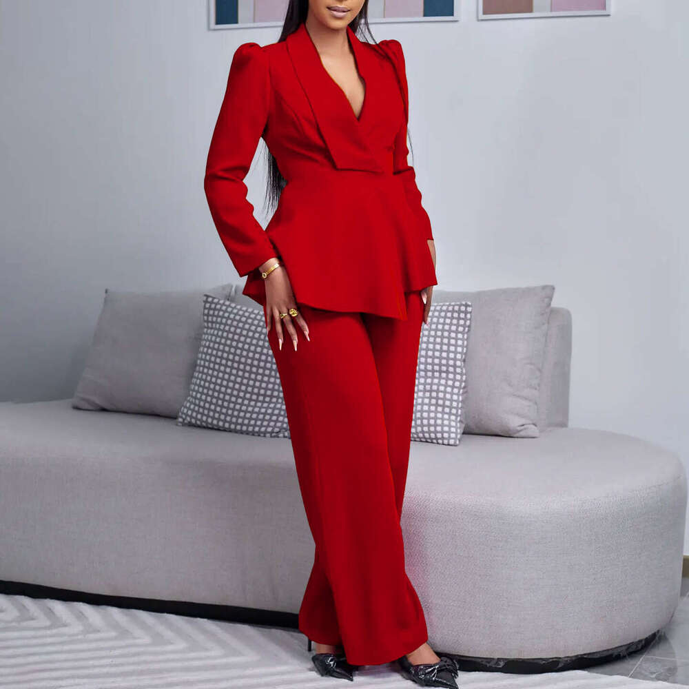 Women's Wear D3315 Women's New Fashion Style Elegant OL Lotus Leaf Edge Sleeve Top Wide Leg Pants Set