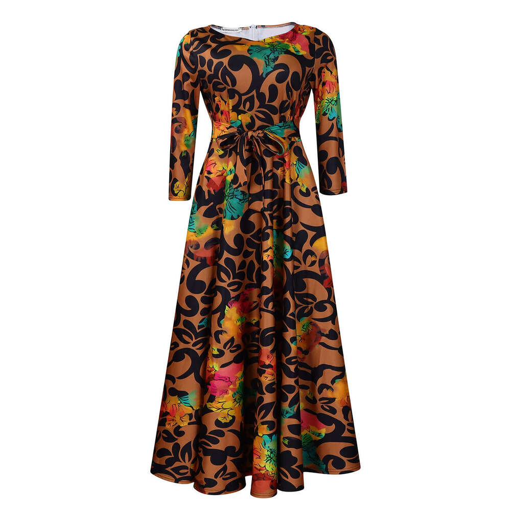 Women's Wear Spring/Summer New Fashionable And Elegant Print Lace Up Round Neck Large Swing Dress