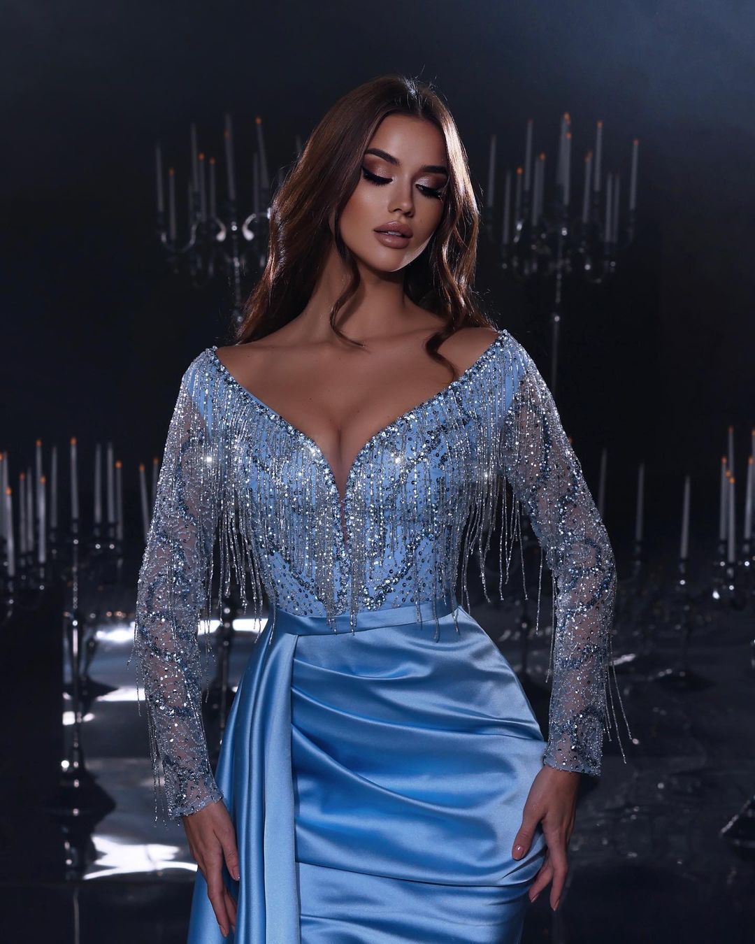 Stylish Evening Dresses Off Shoulder Prom Dress Tassel Sequins Princess Detachable Train Long Sleeve Slim Mermaid Sweep Train Party Gowns Vestidos De 