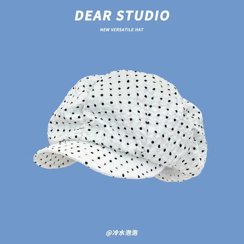 Ins Fashion Polka Dot Print Oversized Cloud Octagonal Hats Women Summer Thin Breathable Versatile Show Face Small Berets Cap Y2k 250520