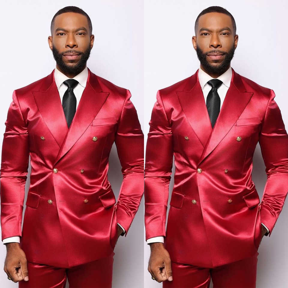 Bright Red Wedding Tuxedos 2 Piece Set Jacket Pants Double Breasted Men Suit Handsome Groom Wear Party Suits Customized