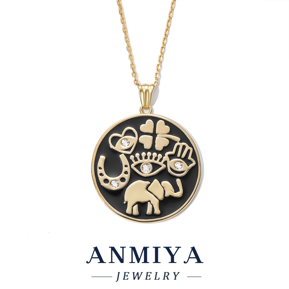 S925 Black Enamel Coin Pendant Necklace with Zircon Inlay, Blessing Pattern Jewelry, Gift Box Packaging