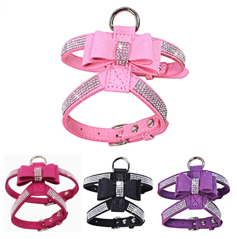 2026 New New Bling Rhinestone Harness Velvet Leash With Bowknot For Small Dog Puppy Cat Chihuahua Pink Collar Pet Products Cats Free Shipping Shipping