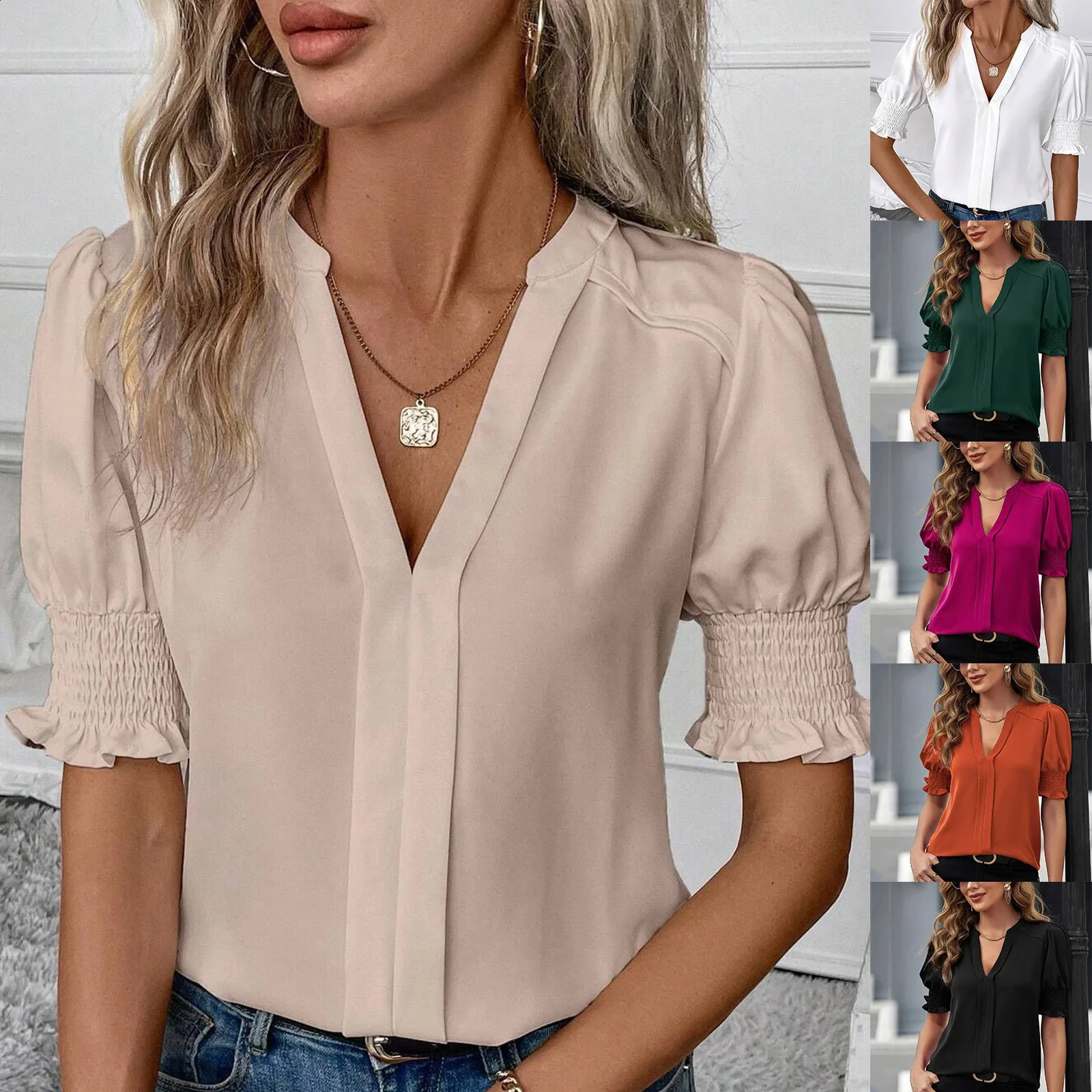 2025 Womens Elegant Top Blouses Shirts Lady Casual Short Puff Sleeve VNeck Solid Blouse Office Work Tops Blusas Para Mujer 250516Z