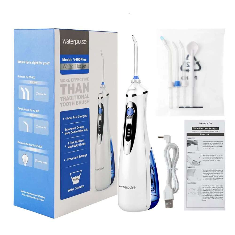 Waterpulse oral dental floss irrigator, tooth cleaner 240ML, 3-speed adjustable, 2000mAh, 4 replacement nozzles