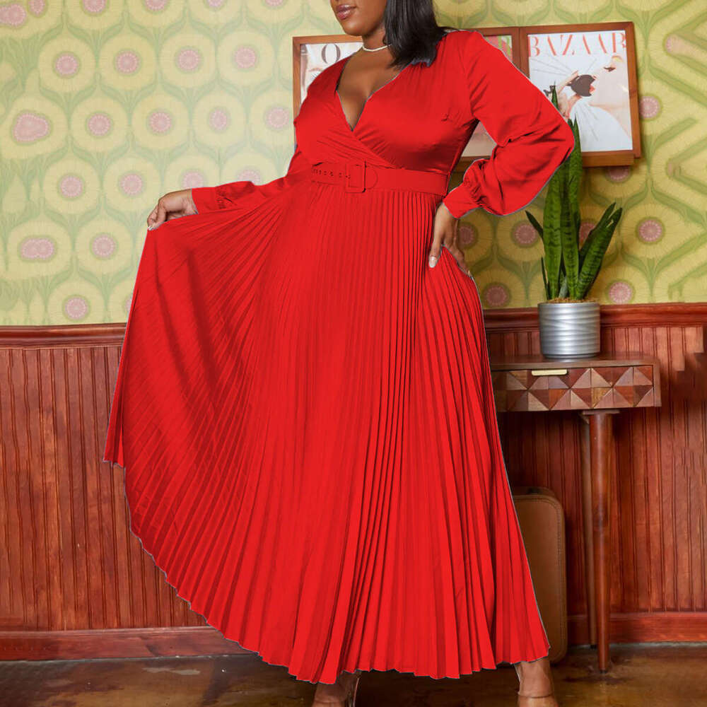 Women's Wear Large Size Women's Clothing New V-Neck Fashionable Temperament Solid Color Pleated Dress
