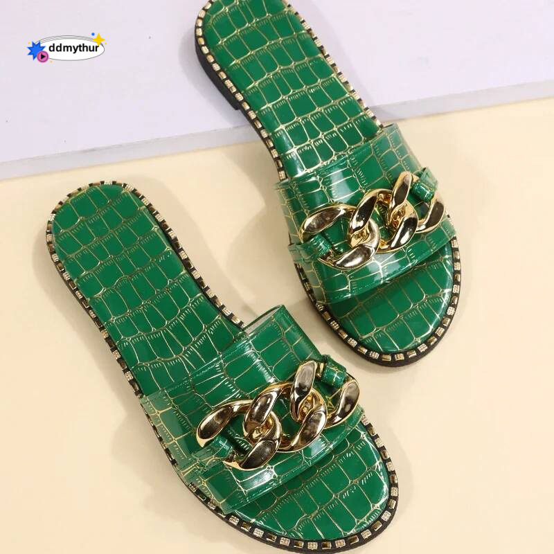 Plus Size 35-43 Leopard New European American Metal Chain Square Toe Flat Shoes Women'S Sandals Slippers ddmythur