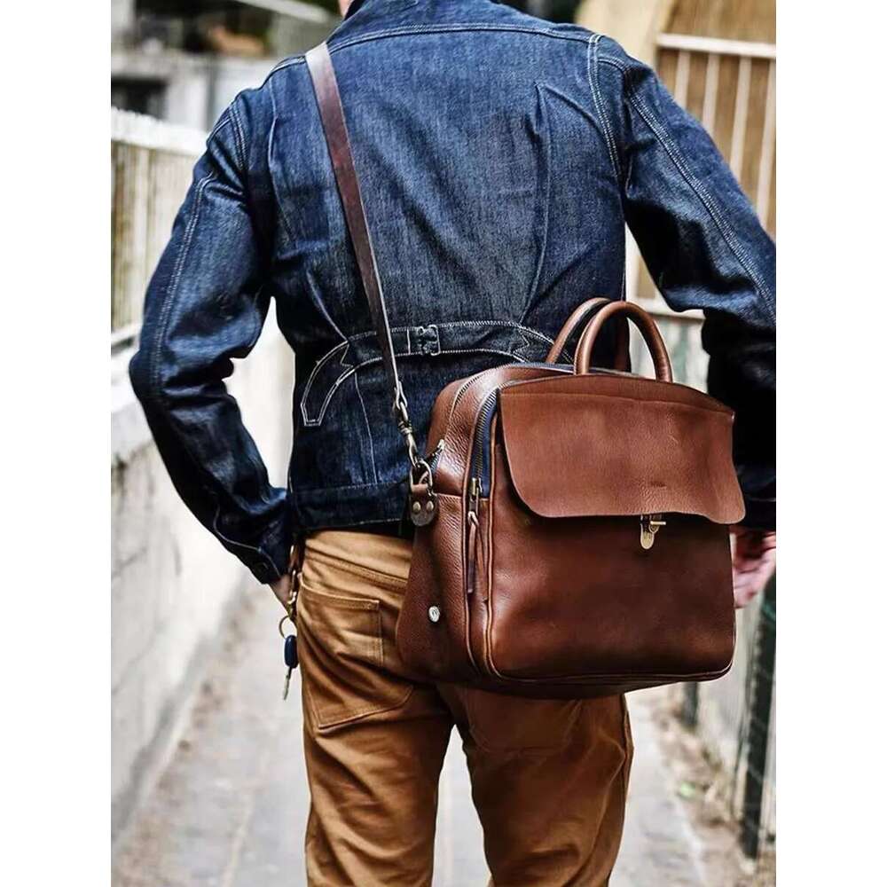Full Leather Handbags Business Briefcase Skeleton-Skin Thick Cowhide Vintage Crossbody Messenger Men's Laptop Bag