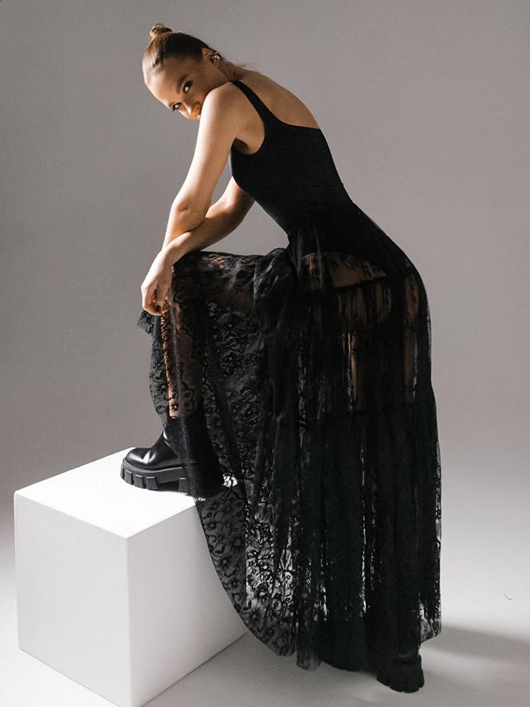 Mueyeruho 2024 Spring Summer Women Sexy Maxi Lace Skirts Solid High Waist Flare Long Skirt For 250515