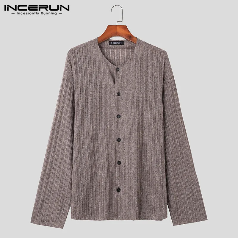 INCERUN Men Shirt Striped V Neck Long Sleeve Button Streetwear Clothing Autumn Knitted Korean Style Casual Shirts S5XL 250520
