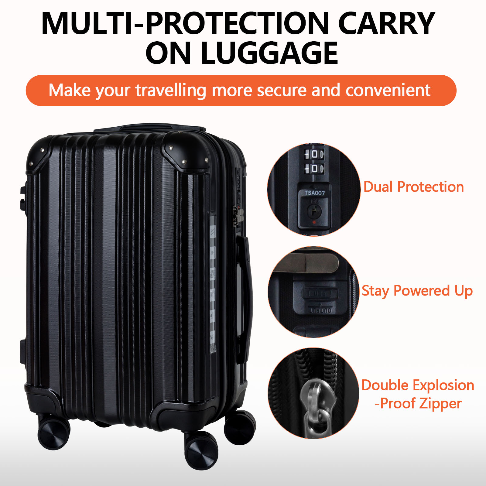 20" Expandable Carry-On Luggage Sets with USB-A Port TSA lock | Durable Corner Protection for Business Travel & Family Vacations (Black)