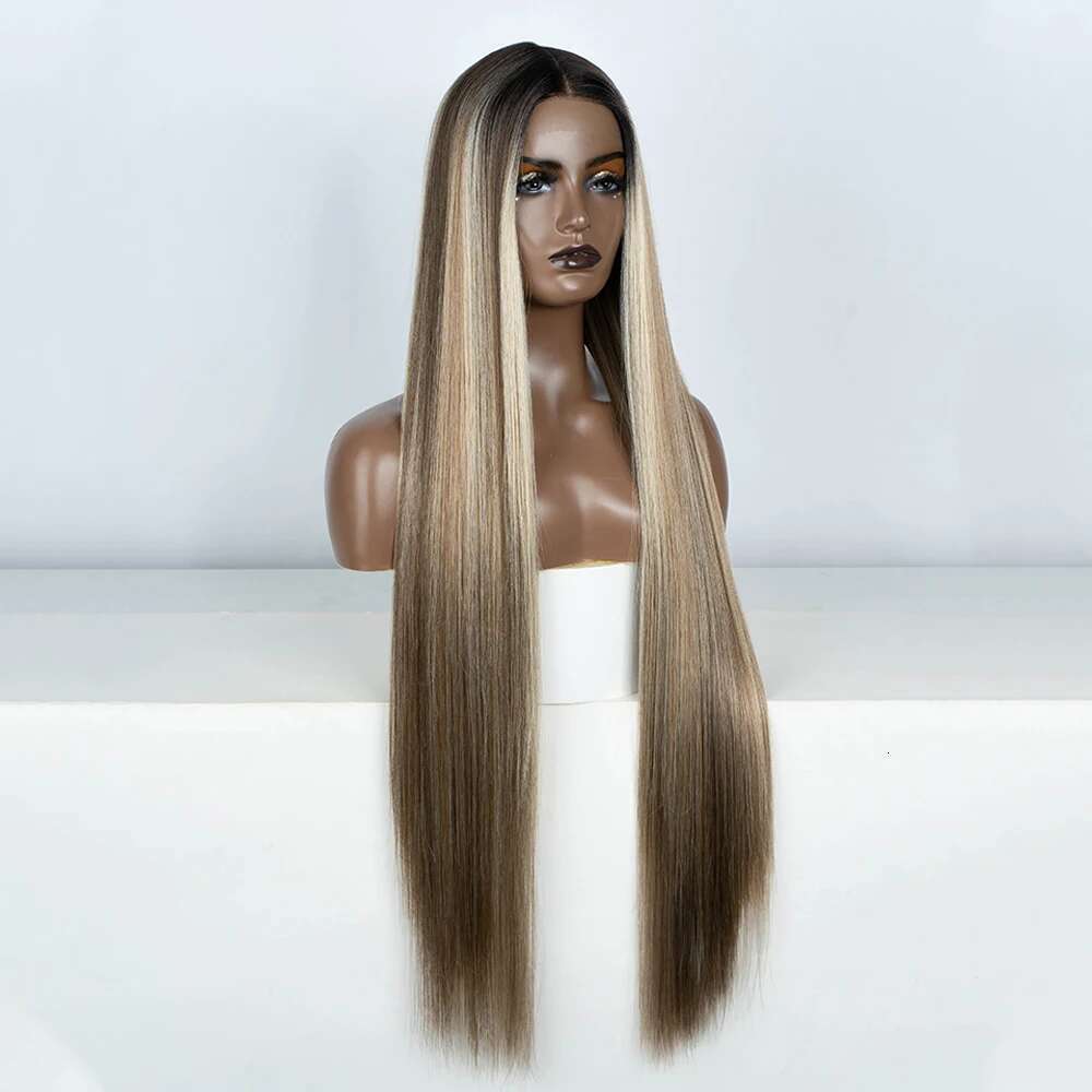 Front Wigs Highlight Brwon Blonde Black For Women Long Straight Lace WIg 38Inch Synthetic Heat Resistant Wig