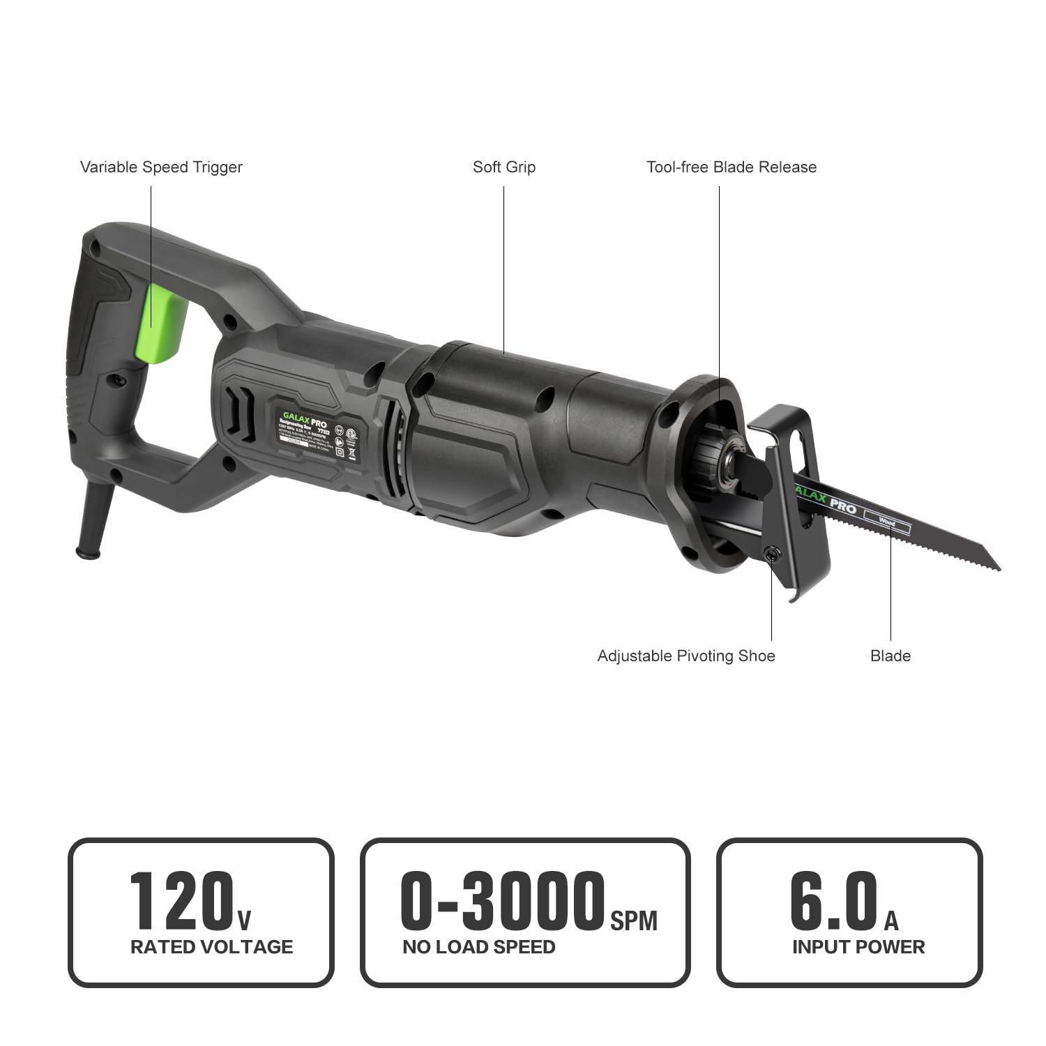 GALAX PRO 120V Reciprocating Saw 6.0 Amp Variable Speed Corded Reciprocating Saw with 4/5 Inch Stroke Length 0-3000SPM and 4-1/2 Inch Max for Wood Met