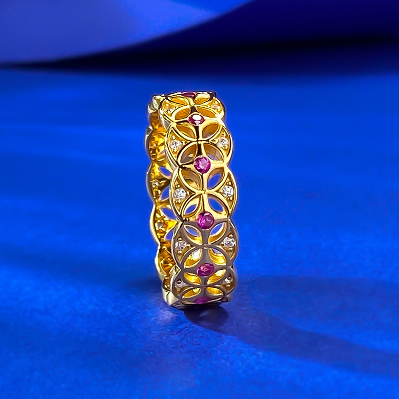 New Vintage Chinese Coin Design Gold-Plated S925 Sterling Silver Ring with Floral Detailing