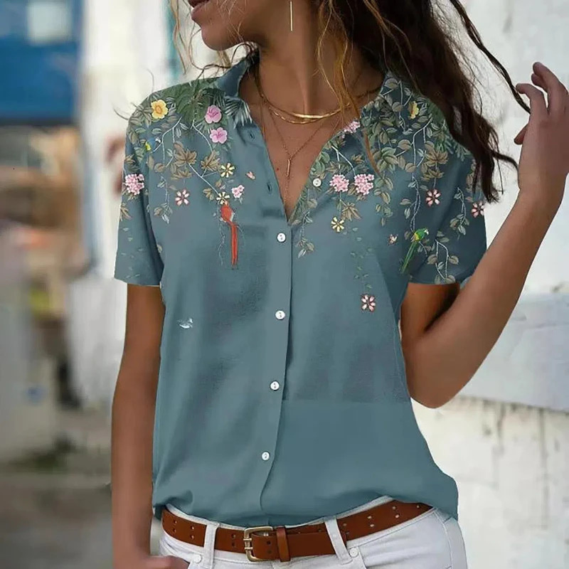 Womens Fashion Turn Down Collar Elegant Printed Top Casual Short Sleeve Loose Button Shirt 299 250514