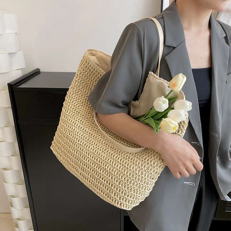 MOODS Summer Beach Straw Woven Shoulder Tote Bags For Women Large Capacity Shopping Totes 2025 Brand New Travelling Handbags