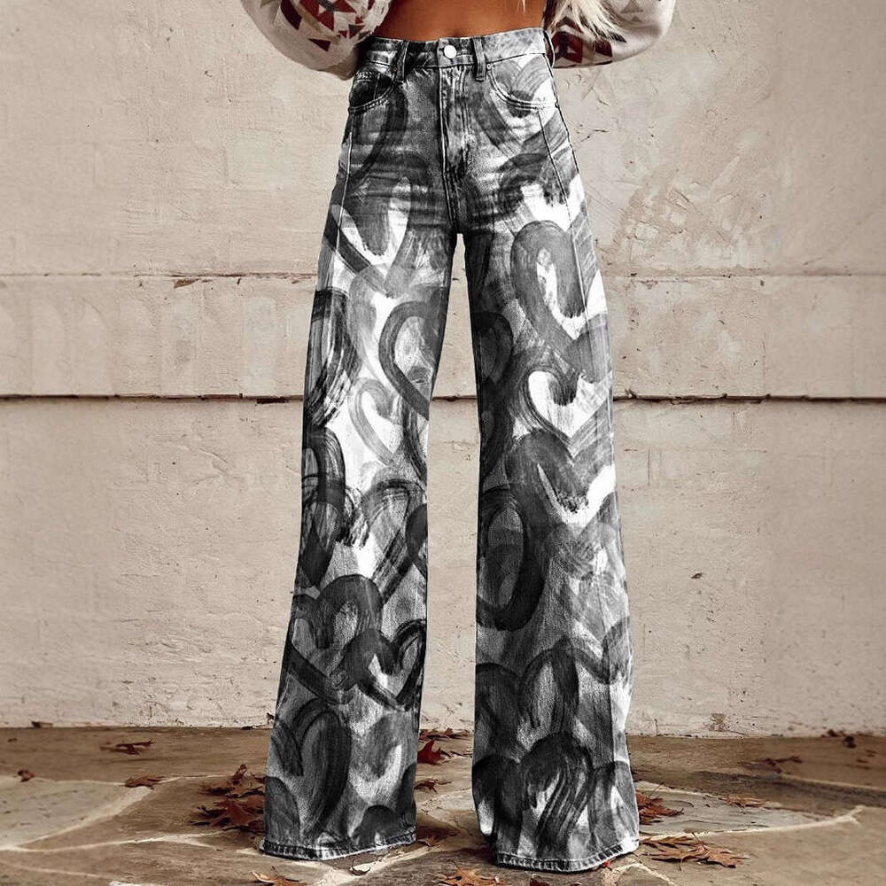 High-Waisted Printed Wide-Leg Stretch Jeans - Women's Casual Fashion Must-Have