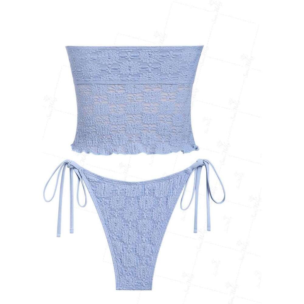 DHEssentials Lace Asymmetrical Slit Bowknot Decor Tie Side Tankini Set