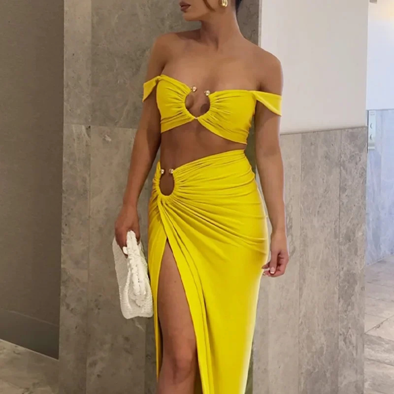 Womens Patchwork Two Piece Set Laceup Sleeveless Halter Cropped Vest TopSlim Long Skirt Female Beach Holiday Outfit 250520