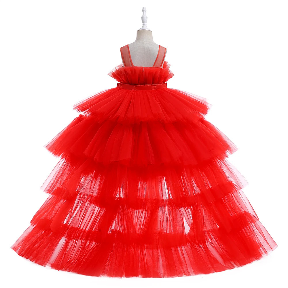 Red Puffy Tulle Flower Girls Dress Trailing First Communion Party Dresses For Girl Children Costume Princess Birthday Clothes 250519