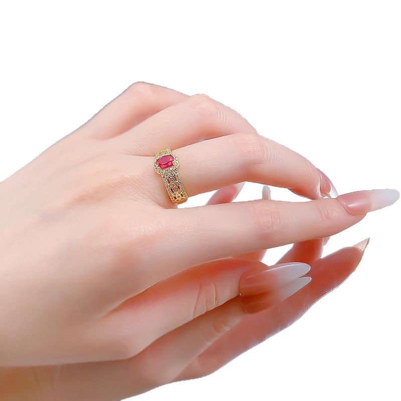 S925 Silver 4*6mm Oval Ruby Ring with Gold Plating and Diamond Embellishments - Elegant and Versatile Everyday Accessory