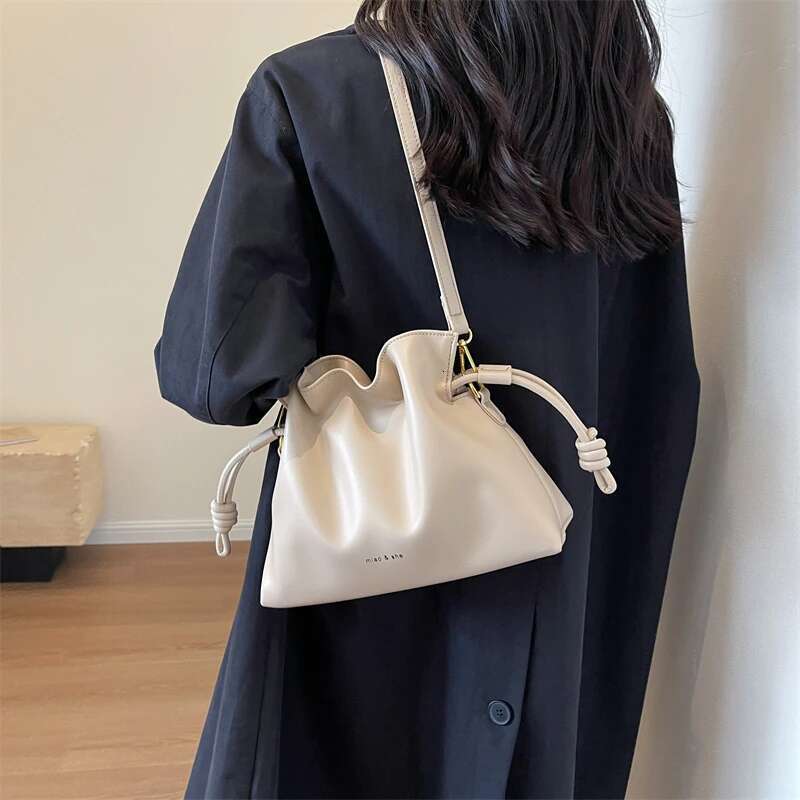 Women Pleated Bucket With Drawstring PU Leather Daily Ruched Hobo Purse Solid Color Top Handle Bag For Shopping Travel