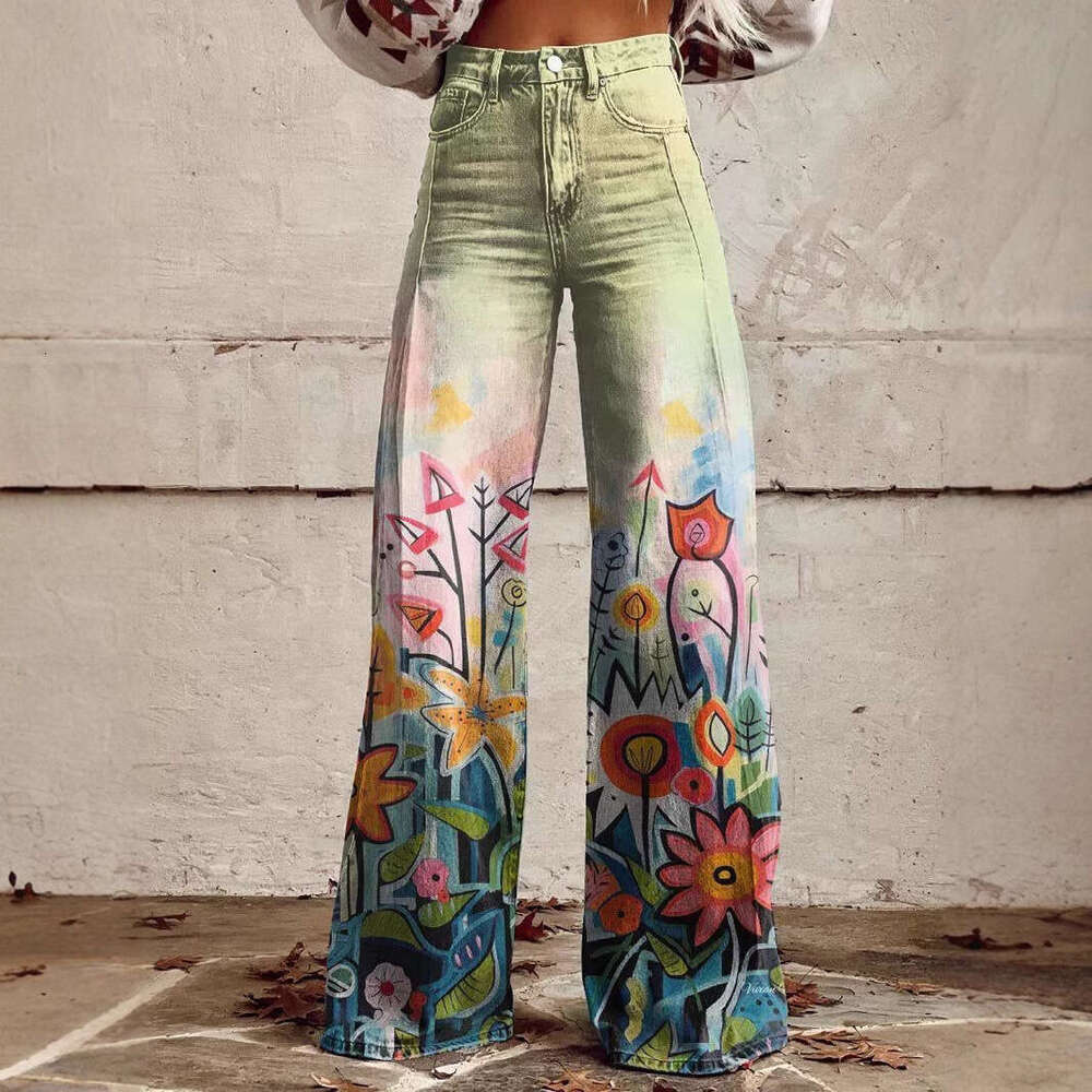 Women's Casual High-Waisted Wide-Leg Jeans - Printed Stretch Design for All-Day Comfort