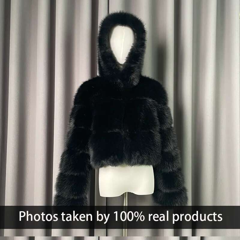 Winter Warm Ladies Fake Jacket Short Fashion Hooded Artificial Fox High Quality Women's Cropped Fur Coat Black Designer
