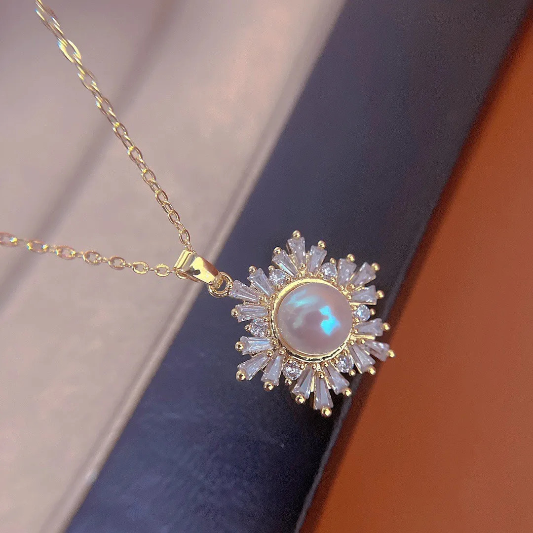 Sell Shiny CZ Zircon Flower Natural Freshwater Pearl 14k Gold Filled For Women Necklace Earrings Ring Jewelry Sets 250520