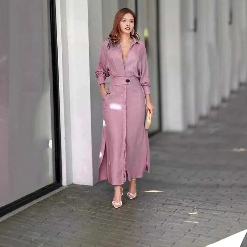 Dresses for Woman Designer Maxi Dress for Women 2025 Summer New Style Womens Commuting Strap Solid Color Waist Collection Long Sleeve Irregular Shirt 