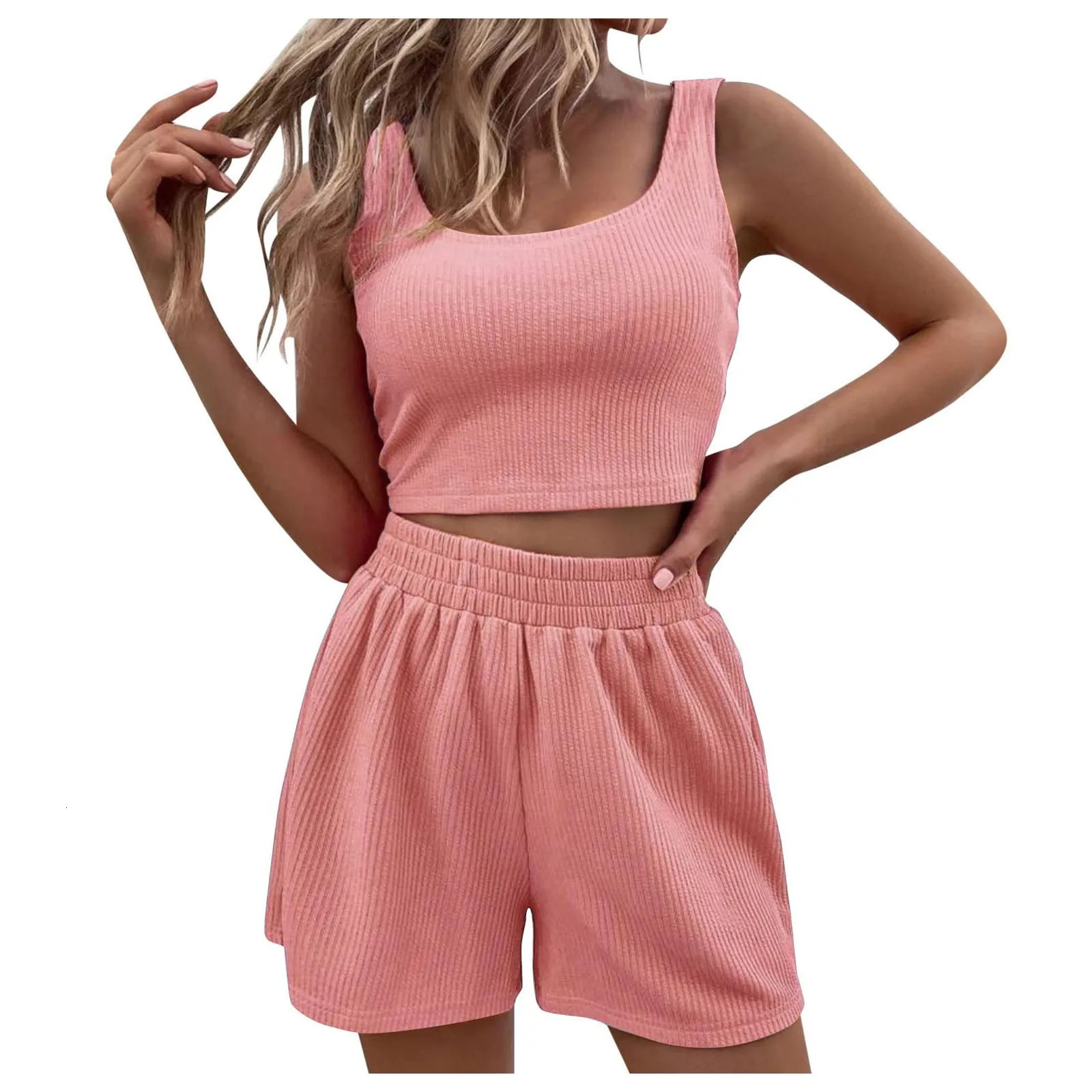 Two Piece Outfits Women Summer Shorts Sets 2 Piece Sleeveless Matching Crop Top And High Waisted Shorts For Women Lap For Women 250516