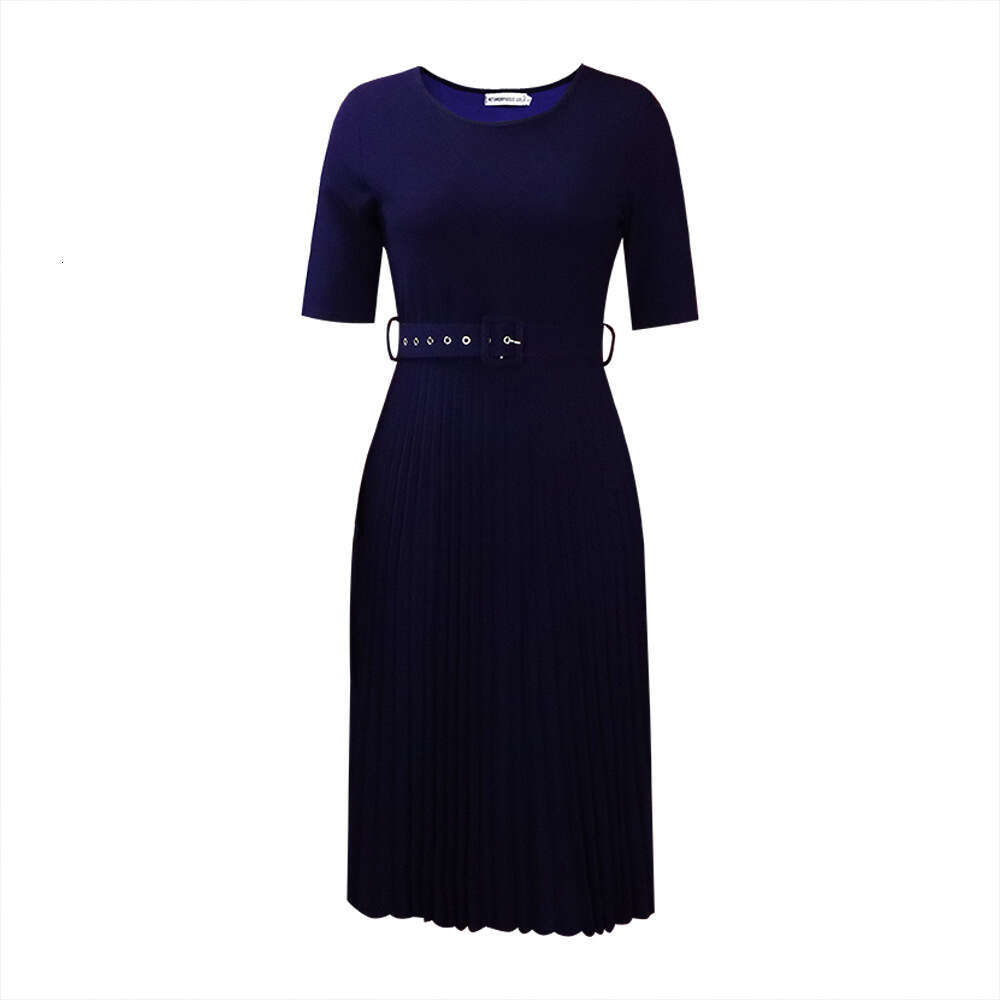 Women's Wear D3292 New Round Neck Mid Length Pleated Skirt Plus Size Dress