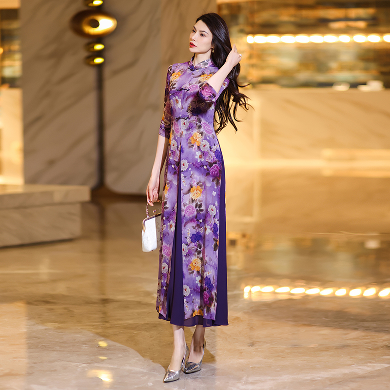 summer chinesestyle cheongsam maxi dresses for women exuding highend elegance and graceful with short sleeves printed chiffon fabric and a onepiece de