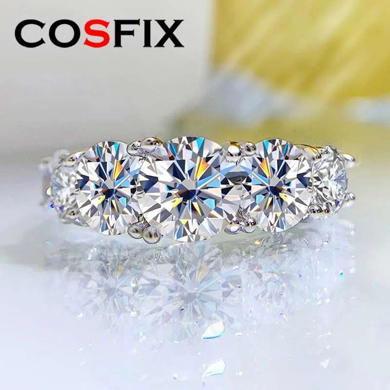 COSFIX 18k Plated 3.6CT All Moissanite Rings for Women 5 Stones Sparkling Diamond Wedding Band S925 Sterling Silver Jewelry GRA